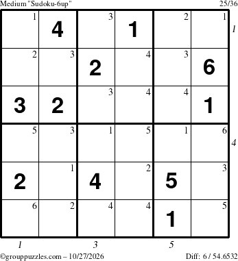 The grouppuzzles.com Medium Sudoku-6up puzzle for Tuesday October 27, 2026, suitable for printing, with all 6 steps marked