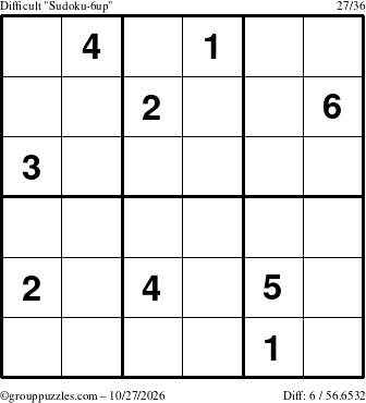 The grouppuzzles.com Difficult Sudoku-6up puzzle for Tuesday October 27, 2026