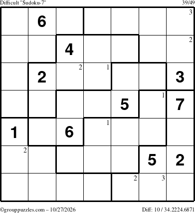 The grouppuzzles.com Difficult Sudoku-7 puzzle for Tuesday October 27, 2026 with the first 3 steps marked
