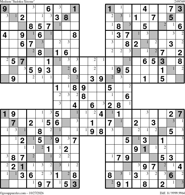 The grouppuzzles.com Medium Sudoku-Xtreme puzzle for Tuesday October 27, 2026 with the first 3 steps marked