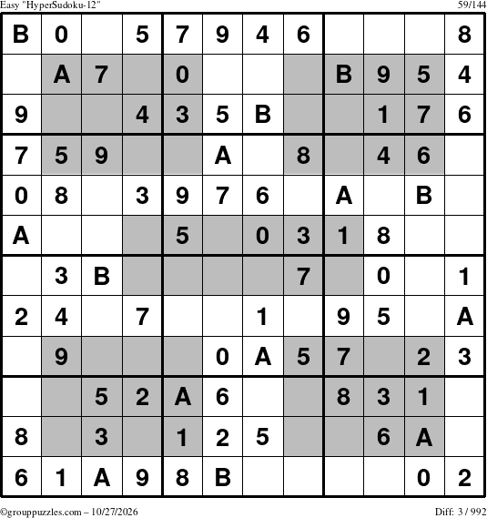 The grouppuzzles.com Easy HyperSudoku-12 puzzle for Tuesday October 27, 2026