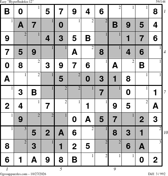 The grouppuzzles.com Easy HyperSudoku-12 puzzle for Tuesday October 27, 2026, suitable for printing, with all 3 steps marked