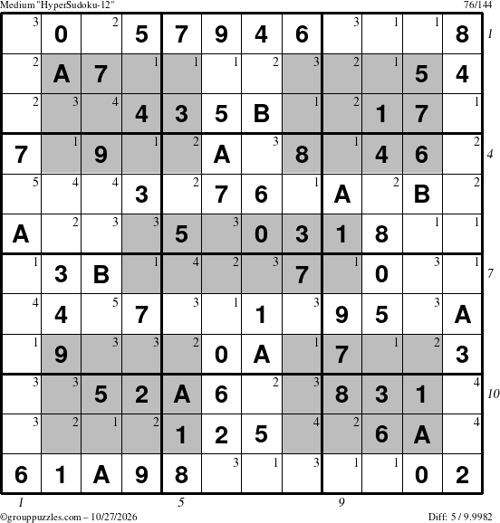 The grouppuzzles.com Medium HyperSudoku-12 puzzle for Tuesday October 27, 2026, suitable for printing, with all 5 steps marked