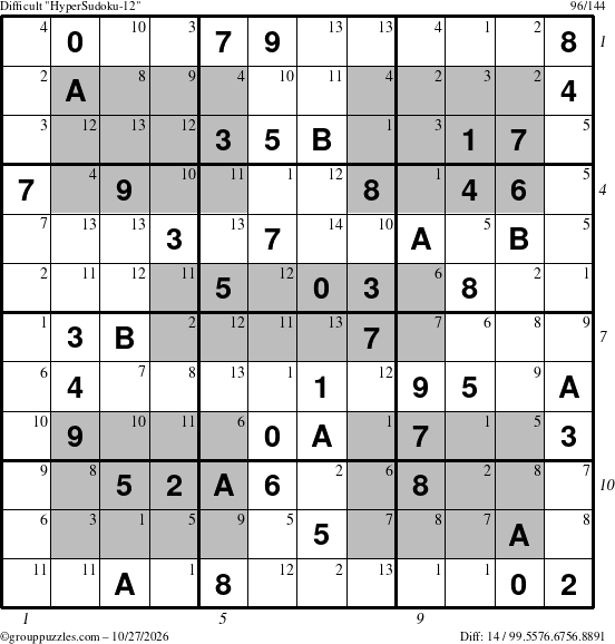 The grouppuzzles.com Difficult HyperSudoku-12 puzzle for Tuesday October 27, 2026 with all 14 steps marked
