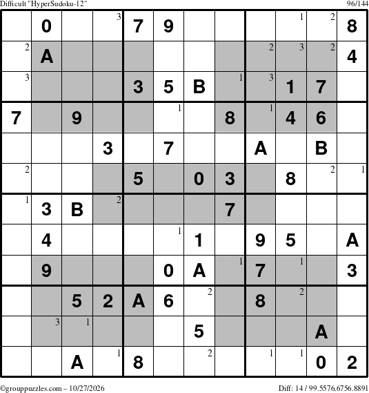 The grouppuzzles.com Difficult HyperSudoku-12 puzzle for Tuesday October 27, 2026 with the first 3 steps marked