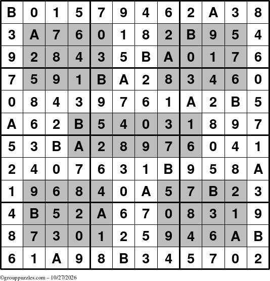 The grouppuzzles.com Answer grid for the HyperSudoku-12 puzzle for Tuesday October 27, 2026