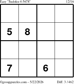 The grouppuzzles.com Easy Sudoku-4-5678 puzzle for Friday May 22, 2026