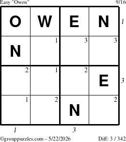 The grouppuzzles.com Easy Owen puzzle for Friday May 22, 2026, suitable for printing, with all 3 steps marked