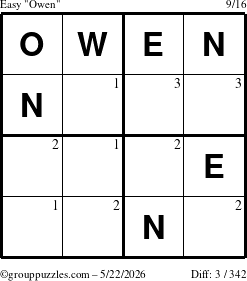 The grouppuzzles.com Easy Owen puzzle for Friday May 22, 2026 with the first 3 steps marked