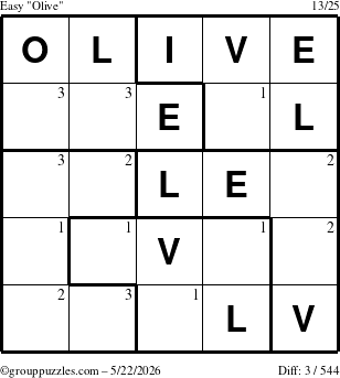 The grouppuzzles.com Easy Olive puzzle for Friday May 22, 2026 with the first 3 steps marked