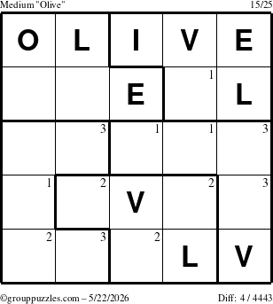 The grouppuzzles.com Medium Olive puzzle for Friday May 22, 2026 with the first 3 steps marked