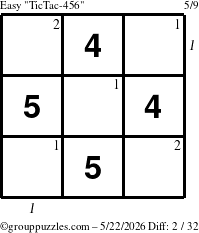 The grouppuzzles.com Easy TicTac-456 puzzle for Friday May 22, 2026, suitable for printing, with all 2 steps marked