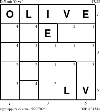 The grouppuzzles.com Difficult Olive puzzle for Friday May 22, 2026, suitable for printing, with all 4 steps marked