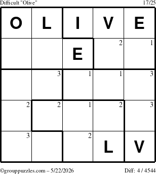 The grouppuzzles.com Difficult Olive puzzle for Friday May 22, 2026 with the first 3 steps marked