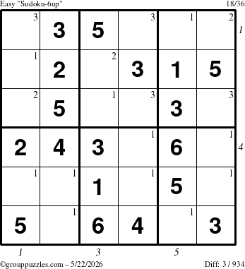 The grouppuzzles.com Easy Sudoku-6up puzzle for Friday May 22, 2026, suitable for printing, with all 3 steps marked