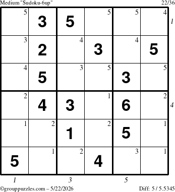 The grouppuzzles.com Medium Sudoku-6up puzzle for Friday May 22, 2026 with all 5 steps marked