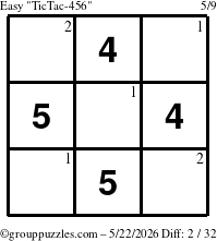 The grouppuzzles.com Easy TicTac-456 puzzle for Friday May 22, 2026 with the first 2 steps marked