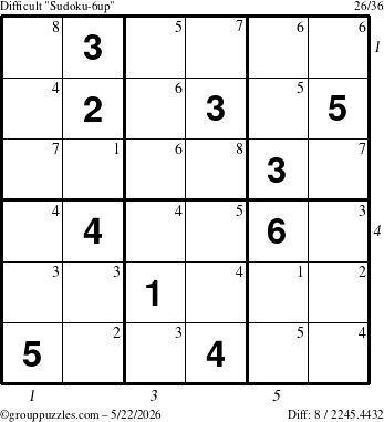 The grouppuzzles.com Difficult Sudoku-6up puzzle for Friday May 22, 2026, suitable for printing, with all 8 steps marked