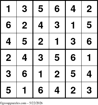 The grouppuzzles.com Answer grid for the Sudoku-6up puzzle for Friday May 22, 2026