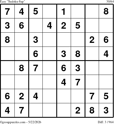 The grouppuzzles.com Easy Sudoku-8up puzzle for Friday May 22, 2026