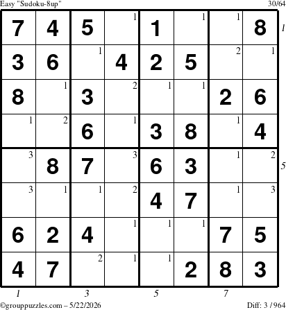 The grouppuzzles.com Easy Sudoku-8up puzzle for Friday May 22, 2026 with all 3 steps marked