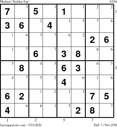 The grouppuzzles.com Medium Sudoku-8up puzzle for Friday May 22, 2026 with all 7 steps marked
