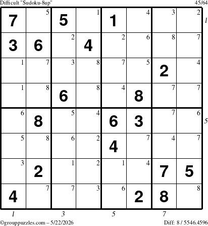 The grouppuzzles.com Difficult Sudoku-8up puzzle for Friday May 22, 2026 with all 8 steps marked