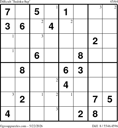 The grouppuzzles.com Difficult Sudoku-8up puzzle for Friday May 22, 2026 with the first 3 steps marked