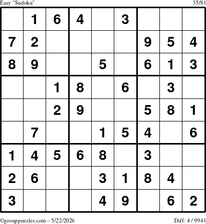 The grouppuzzles.com Easy Sudoku puzzle for Friday May 22, 2026