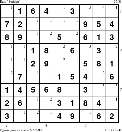 The grouppuzzles.com Easy Sudoku puzzle for Friday May 22, 2026, suitable for printing, with all 4 steps marked