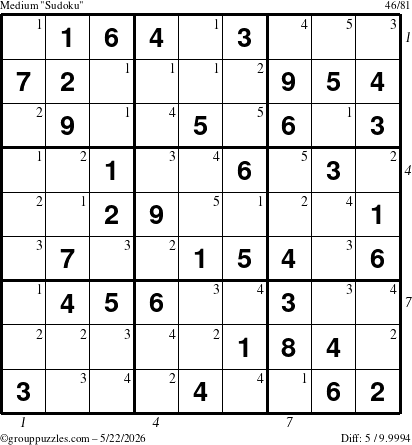 The grouppuzzles.com Medium Sudoku puzzle for Friday May 22, 2026 with all 5 steps marked