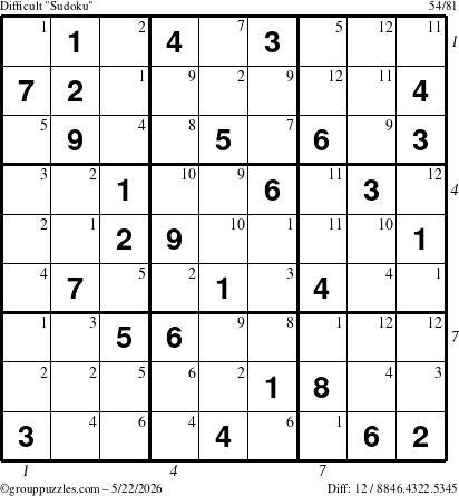 The grouppuzzles.com Difficult Sudoku puzzle for Friday May 22, 2026 with all 12 steps marked