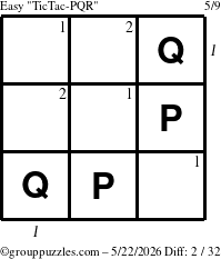 The grouppuzzles.com Easy TicTac-PQR puzzle for Friday May 22, 2026 with all 2 steps marked