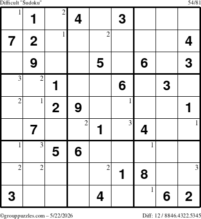 The grouppuzzles.com Difficult Sudoku puzzle for Friday May 22, 2026 with the first 3 steps marked