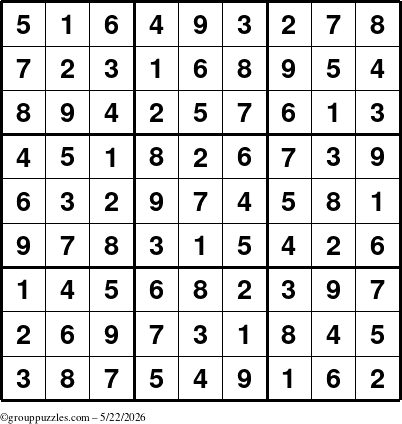 The grouppuzzles.com Answer grid for the Sudoku puzzle for Friday May 22, 2026