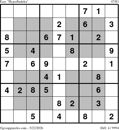 The grouppuzzles.com Easy HyperSudoku puzzle for Friday May 22, 2026