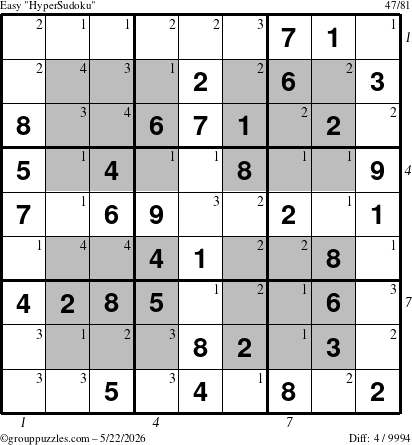The grouppuzzles.com Easy HyperSudoku puzzle for Friday May 22, 2026, suitable for printing, with all 4 steps marked