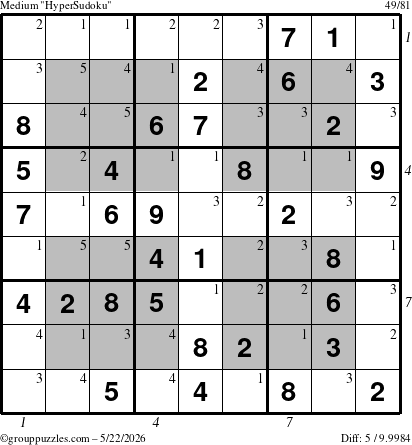 The grouppuzzles.com Medium HyperSudoku puzzle for Friday May 22, 2026 with all 5 steps marked