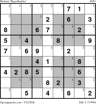 The grouppuzzles.com Medium HyperSudoku puzzle for Friday May 22, 2026 with the first 3 steps marked