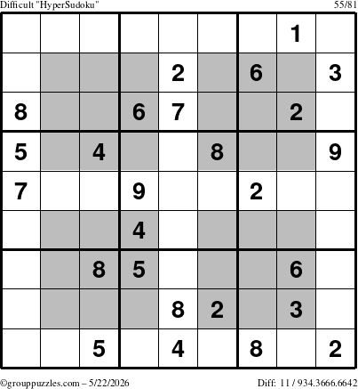 The grouppuzzles.com Difficult HyperSudoku puzzle for Friday May 22, 2026