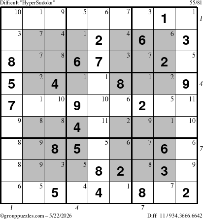 The grouppuzzles.com Difficult HyperSudoku puzzle for Friday May 22, 2026, suitable for printing, with all 11 steps marked