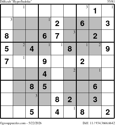 The grouppuzzles.com Difficult HyperSudoku puzzle for Friday May 22, 2026 with the first 3 steps marked