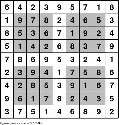 The grouppuzzles.com Answer grid for the HyperSudoku puzzle for Friday May 22, 2026