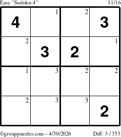 The grouppuzzles.com Easy Sudoku-4 puzzle for Thursday April 30, 2026 with the first 3 steps marked