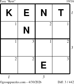 The grouppuzzles.com Easy Kent puzzle for Thursday April 30, 2026, suitable for printing, with all 3 steps marked
