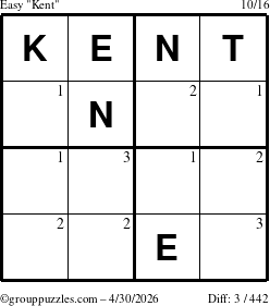 The grouppuzzles.com Easy Kent puzzle for Thursday April 30, 2026 with the first 3 steps marked