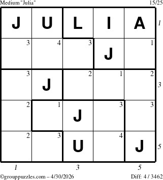 The grouppuzzles.com Medium Julia puzzle for Thursday April 30, 2026, suitable for printing, with all 4 steps marked