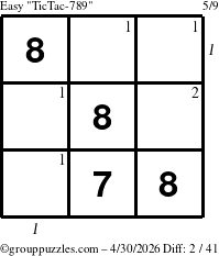 The grouppuzzles.com Easy TicTac-789 puzzle for Thursday April 30, 2026, suitable for printing, with all 2 steps marked