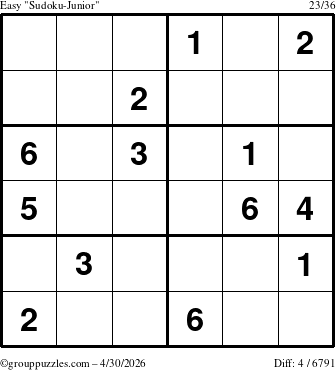 The grouppuzzles.com Easy Sudoku-Junior puzzle for Thursday April 30, 2026