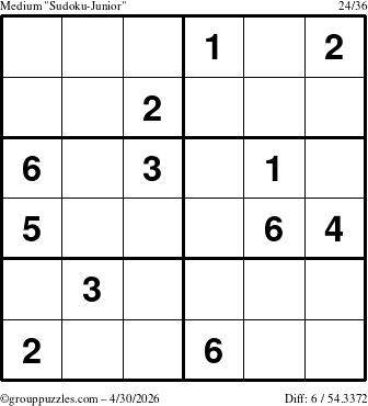 The grouppuzzles.com Medium Sudoku-Junior puzzle for Thursday April 30, 2026